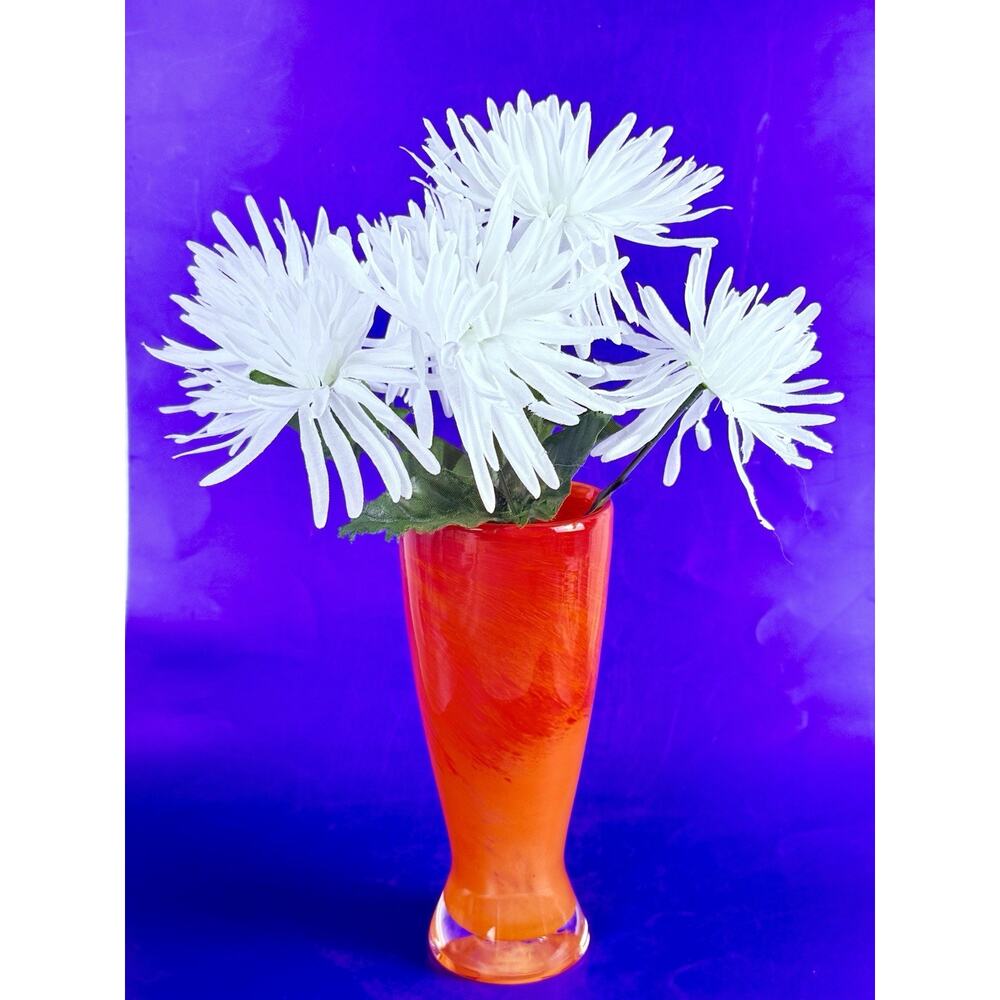Rare Hand Blown Art Glass Vase Orange Red Swirl 7.5” Studio Decor Clear Base